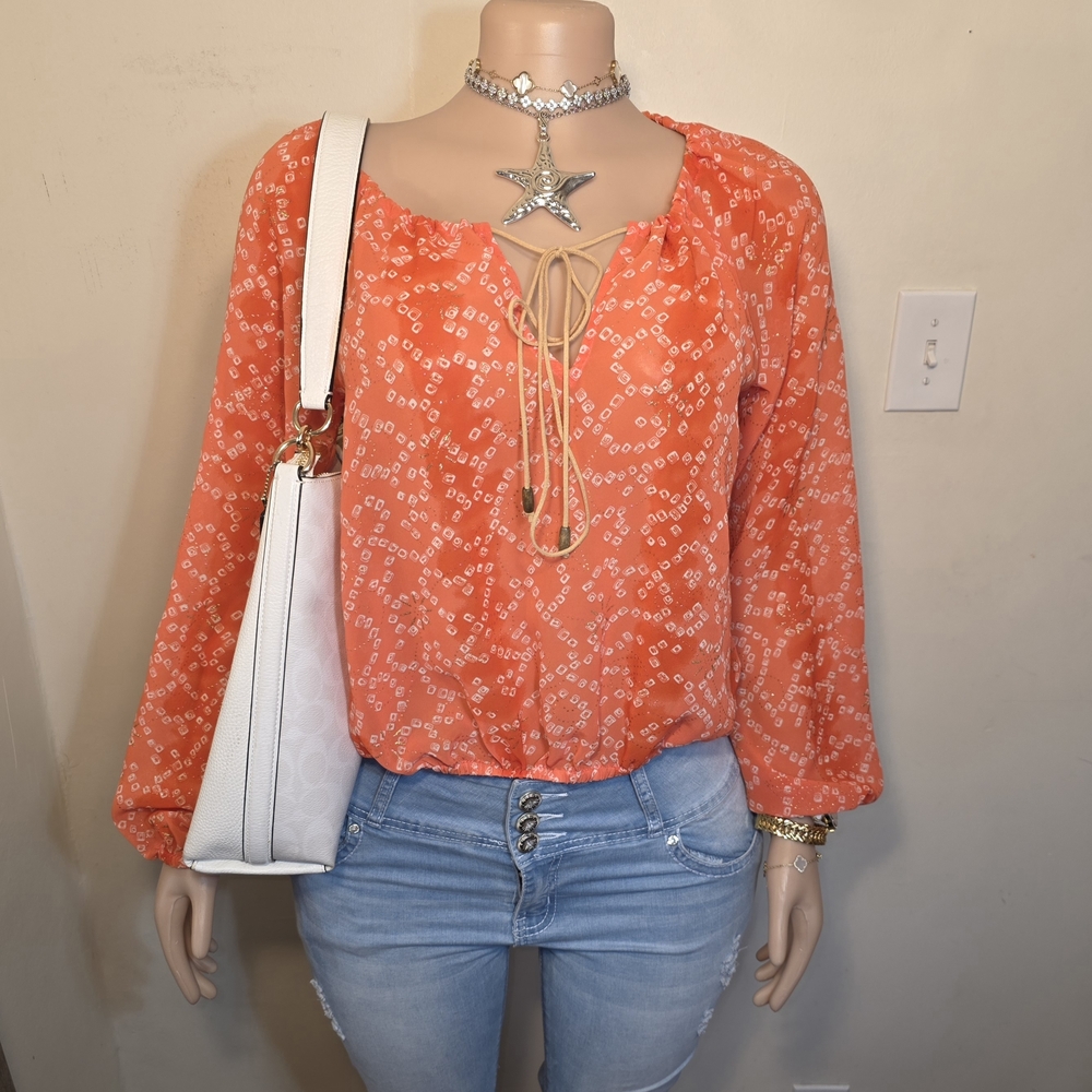Daisy Fuentes Orange Gold Glittery Patterned Blouse